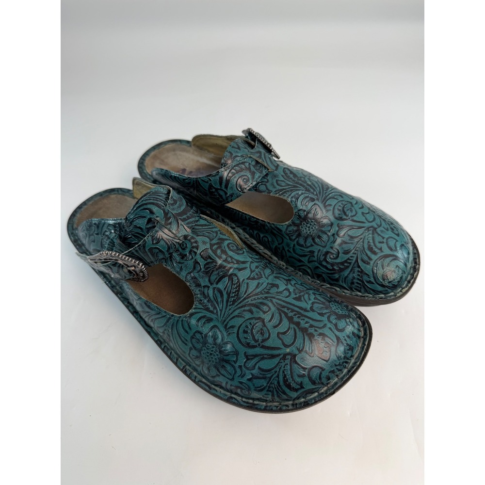 Alegria Keli Teal Floral Tooled Leather Professional Clogs Buckle Strap Womens - Picture 2 of 6